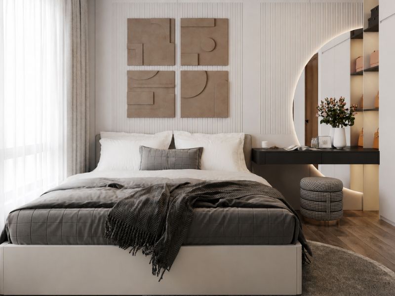 mẫu thiết kế nội thất chung cư 50m2 2 phòng ngủ với phòng ngủ chính sử dụng gam màu trung tính