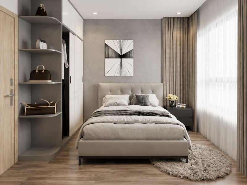 mẫu thiết kế nội thất chung cư 95m2 đẹp phòng ngủ tối giản có tủ mở