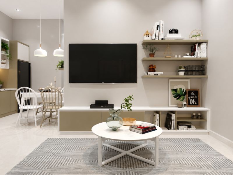 mẫu thiết kế nội thất chung cư hiện đại phòng khách liên thông bếp
