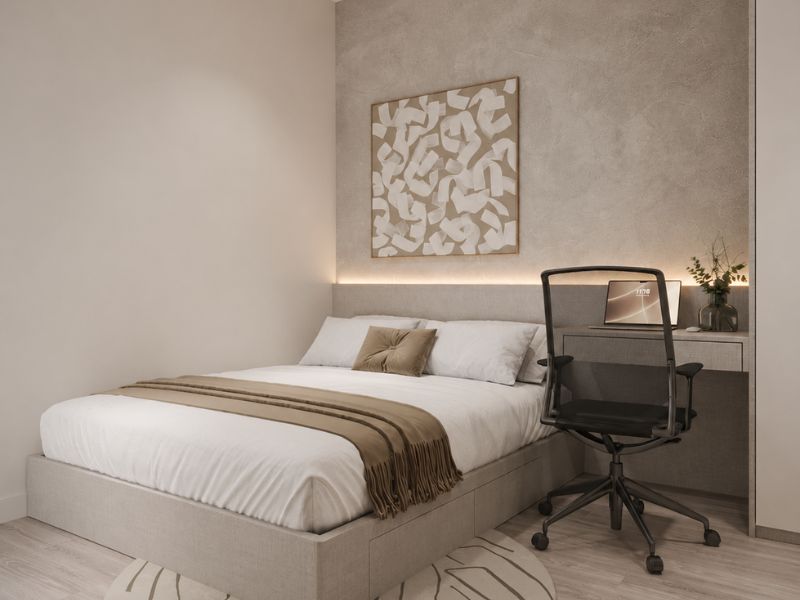 mẫu thiết kế nội thất chung cư phòng ngủ phụ 80m2 giường đơn tối giản