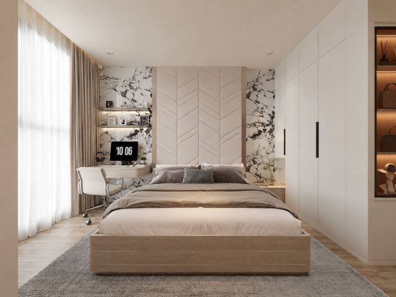 mẫu thiết kế nội thất phòng ngủ chung cư 43m2 hiện đại tiện nghi 