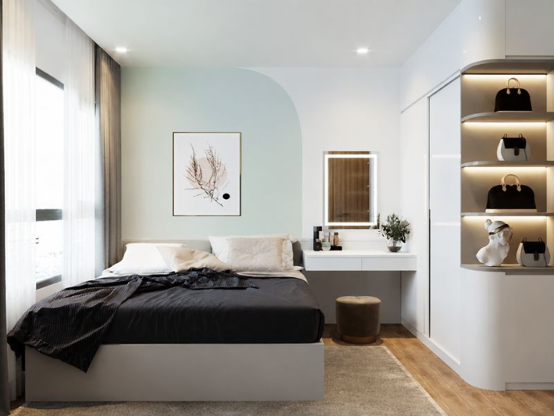 mẫu thiết kế nội thất phòng ngủ chung cư 55m2 hiện đại tiện nghi 