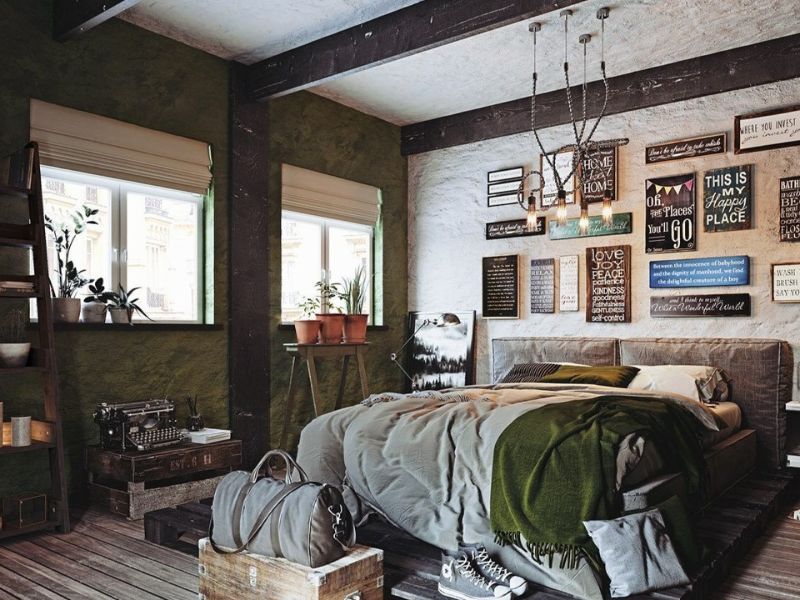 mẫu thiết kế nội thất phòng ngủ chung cư phong cách vintage ấm áp 