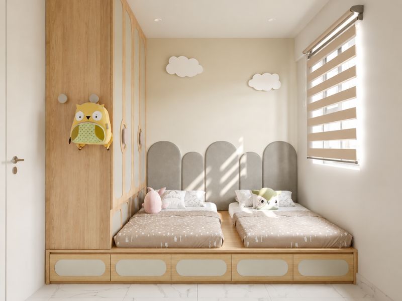 mẫu thiết kế nội thất phòng ngủ trẻ em giường đôi chung cư 75m2
