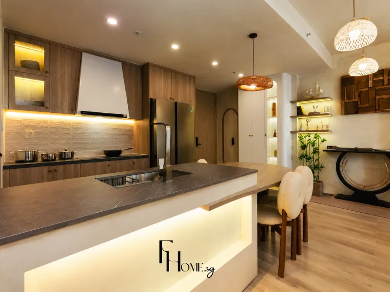 Nội thất phòng bếp phong cách Wabi Sabi với đảo bếp tại Lumiere Boulevard