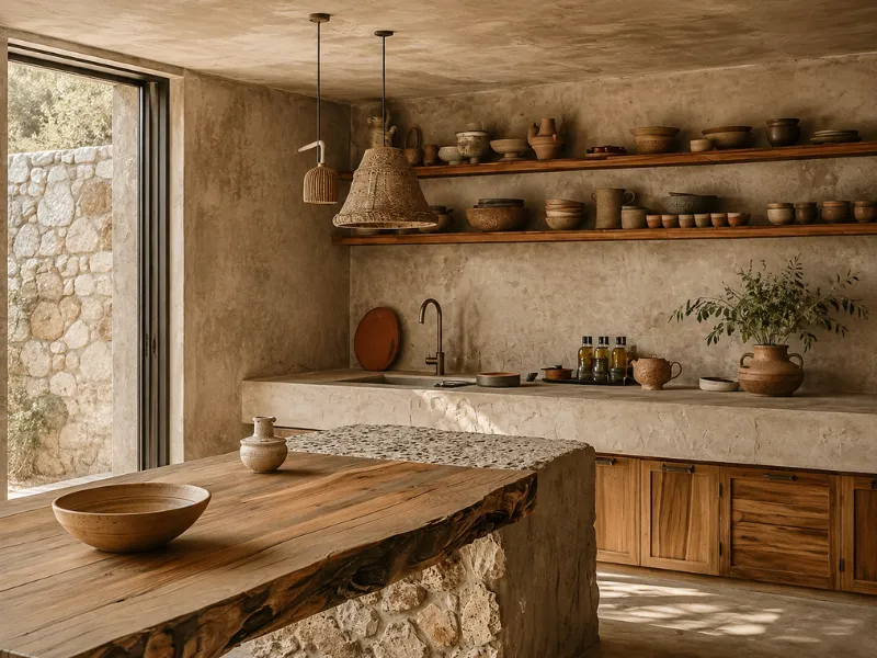 Nội thất phòng bếp phong cách Wabi Sabi với bàn ăn gỗ đá