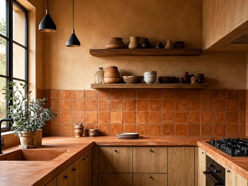 Nội thất phòng bếp phong cách Wabi Sabi với gạch ốp terracotta