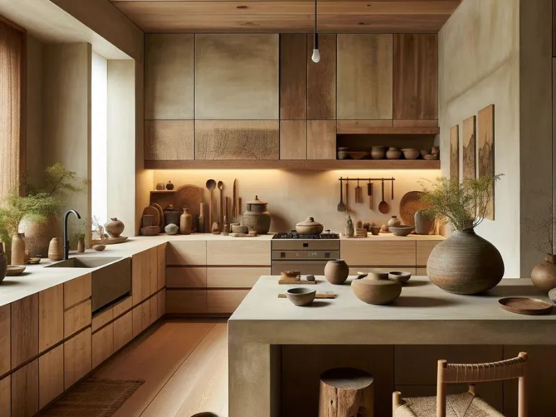 Nội thất phòng bếp phong cách Wabi Sabi với tủ gỗ và đồ gốm
