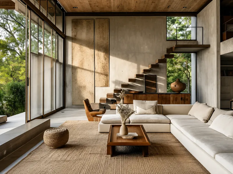 Thiết kế nội thất phòng khách phong cách Wabi Sabi với cầu thang gỗ nổi