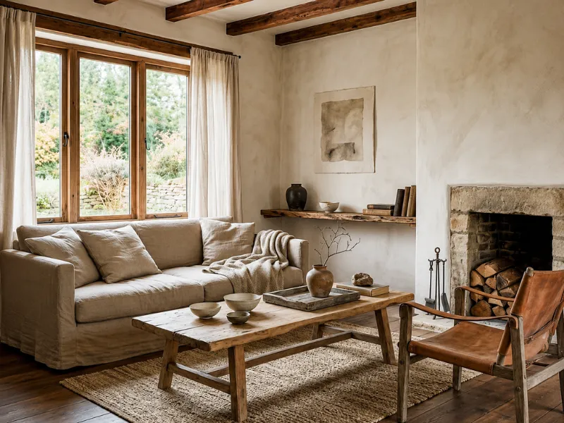 Thiết kế nội thất phòng khách phong cách Wabi Sabi với lò sưởi đá