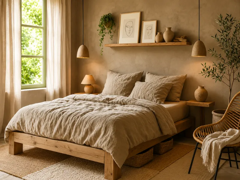 Nội thất phòng ngủ phong cách Wabi Sabi với đèn thả đôi đầu giường