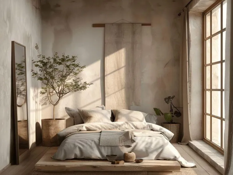 Nội thất phòng ngủ phong cách Wabi Sabi với gương toàn thân