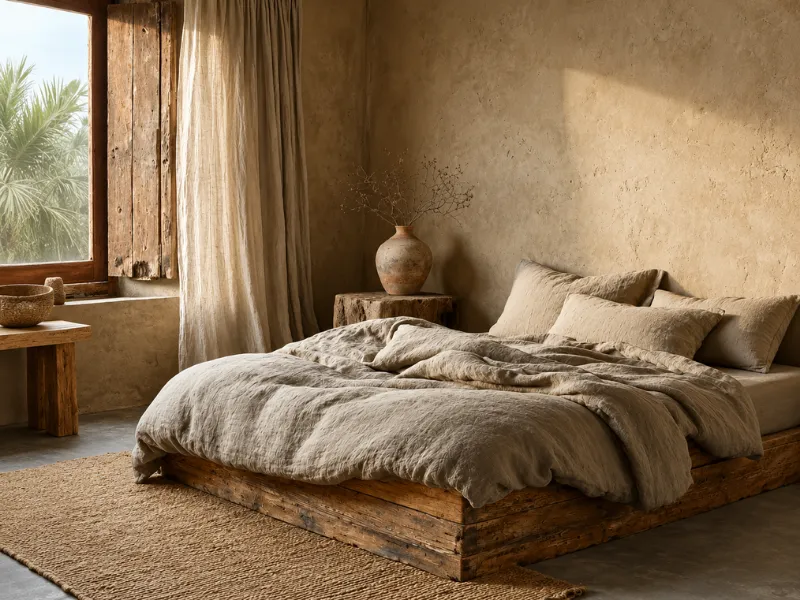 Nội thất phòng ngủ phong cách Wabi Sabi với khung cửa chớp gỗ