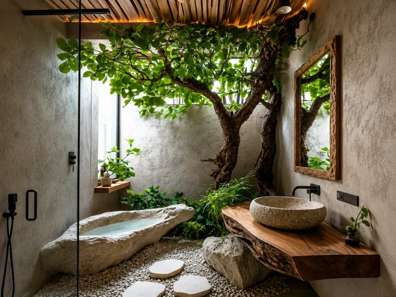 Thiết kế nội thất phòng tắm phong cách Wabi Sabi với cây xanh trong nhà