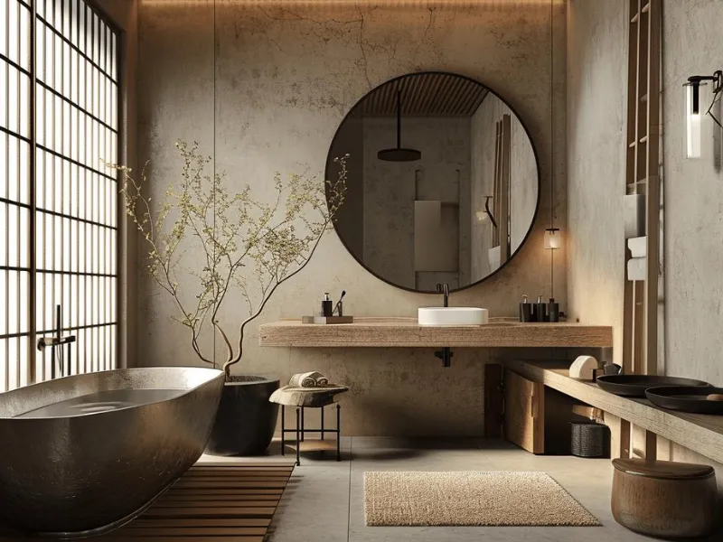 Nội thất phòng tắm phong cách Wabi Sabi với gương tròn lớn