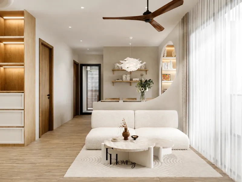 Nội thất phòng khách phong cách Wabi Sabi với vòm cong tại Vinhomes Grand Park