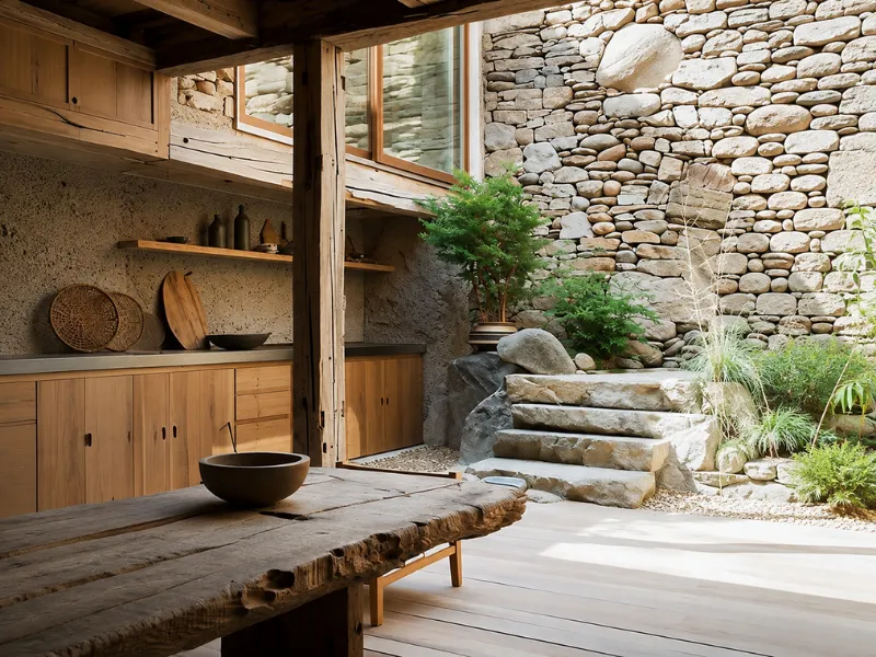 Nội thất phong cách Wabi Sabi với vật liệu thô mộc