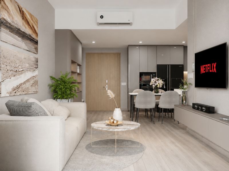 thiết kế nội thất căn hộ 90m2 phòng khách liên thông bếp bàn ăn hiện đại