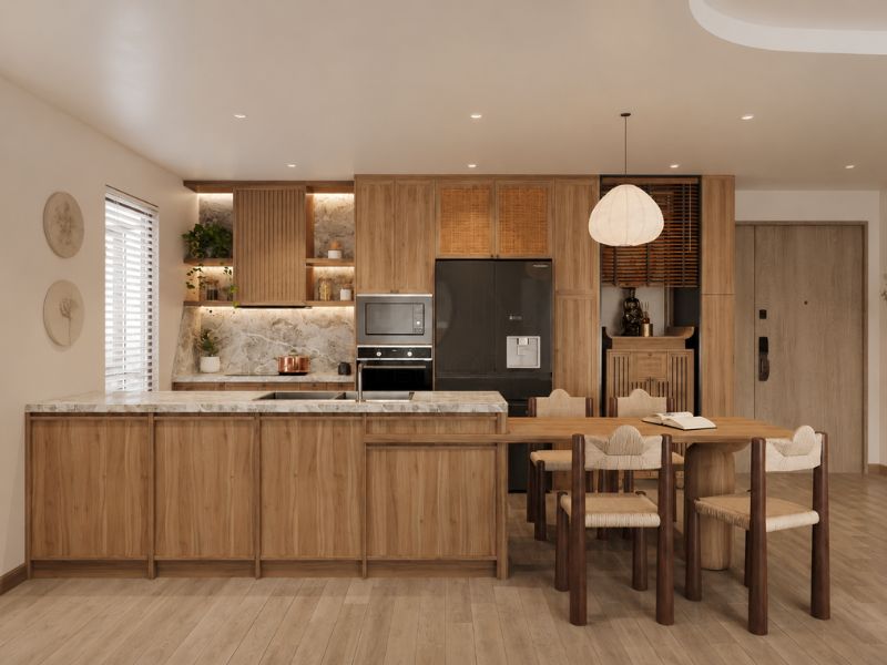 thiết kế nội thất căn hộ chung cư 100m2 bếp gỗ hiện đại