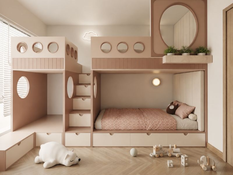 thiết kế nội thất căn hộ chung cư 100m2 phòng ngủ trẻ em giường tầng