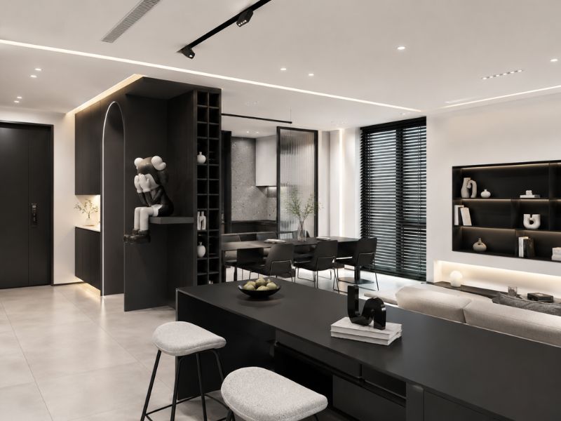 thiết kế nội thất căn hộ chung cư 140m2 không gian phòng khách liền bếp hiện đại