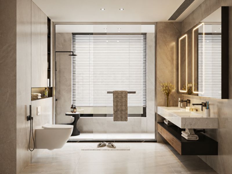 thiết kế nội thất căn hộ chung cư 140m2 phòng tắm hiện đại đá sáng sang trọng