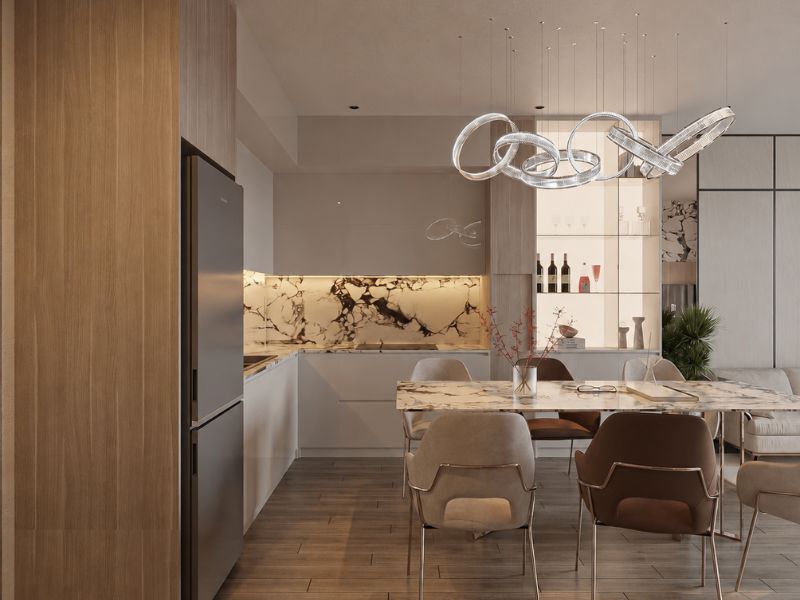 thiết kế nội thất căn hộ chung cư 43m2 khu bếp liền phòng khách