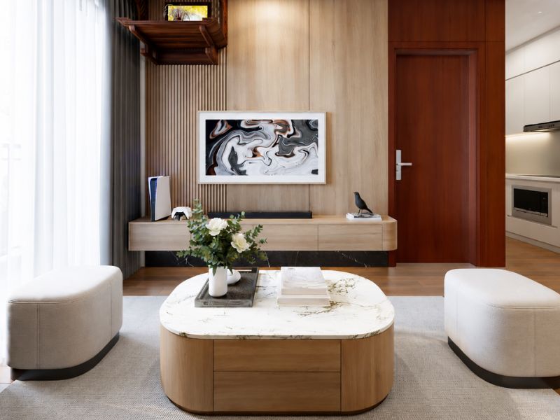 thiết kế nội thất căn hộ chung cư 50m2 khu bếp liền phòng khách hiện đại