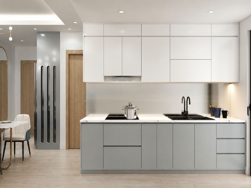 thiết kế nội thất căn hộ chung cư 60m2 khu bếp liền bàn ăn hiện đại