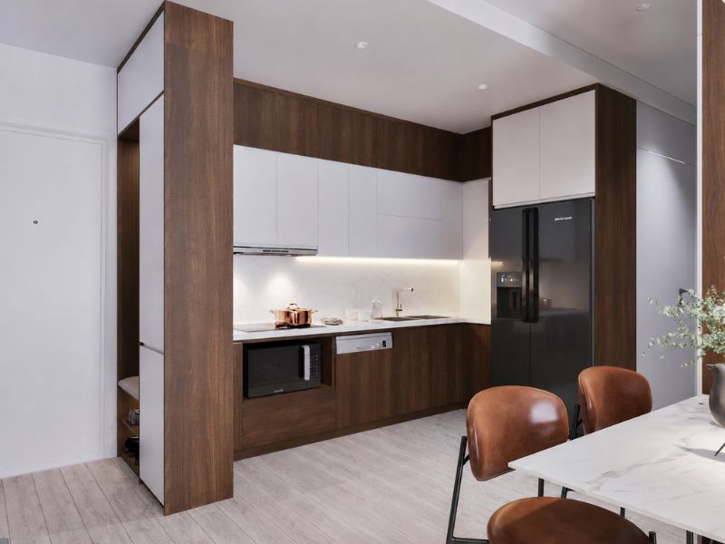 thiết kế nội thất căn hộ chung cư 75m2 bếp chữ I