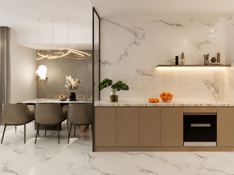 thiết kế nội thất căn hộ chung cư 95m2 khu bếp hiện đại tông be