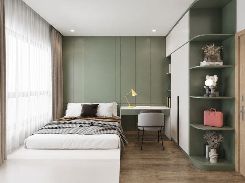 thiết kế nội thất căn hộ chung cư 95m2 phòng ngủ xanh hiện đại có bàn làm việc