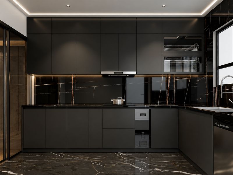 thiết kế nội thất căn hộ penthouse bếp hiện đại tủ đen đá marble