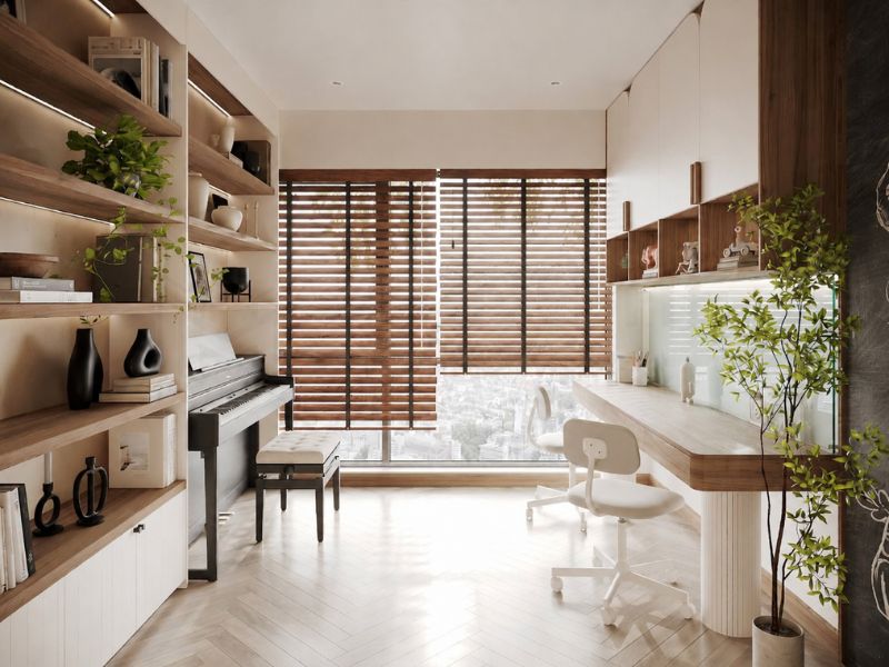 thiết kế nội thất chung cư 100m2 phòng làm việc góc học tập hiện đại 