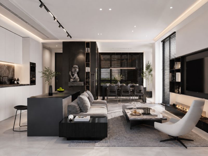 thiết kế nội thất chung cư 140m2 phòng khách hiện đại sang trọng tông sáng