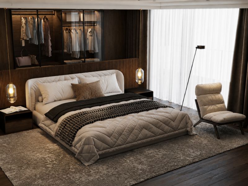 thiết kế nội thất chung cư 140m2 phòng ngủ master tông nâu ấm sang trọng