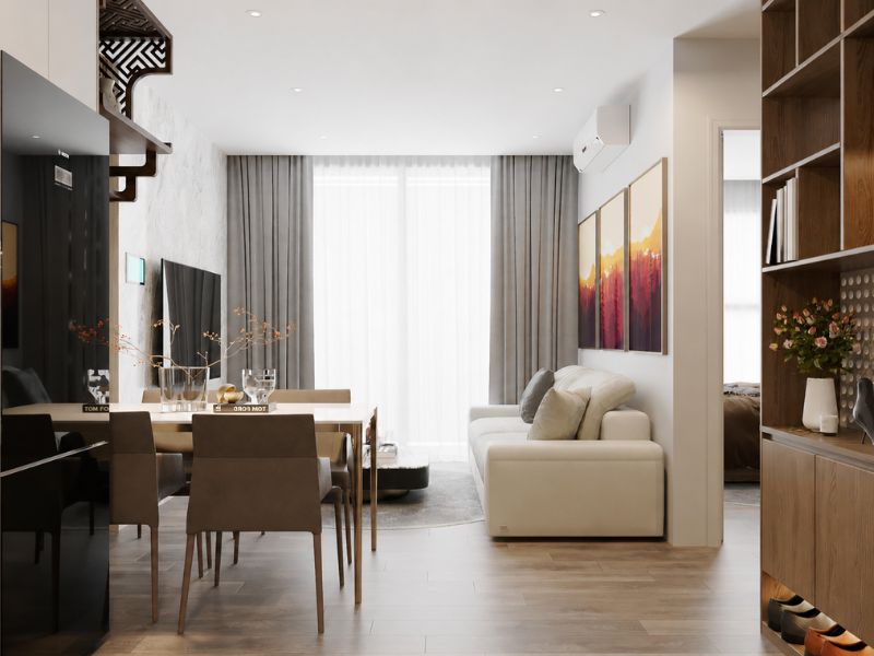 thiết kế nội thất chung cư 40m2 1 phòng ngủ phòng khách liền bếp hiện đại 