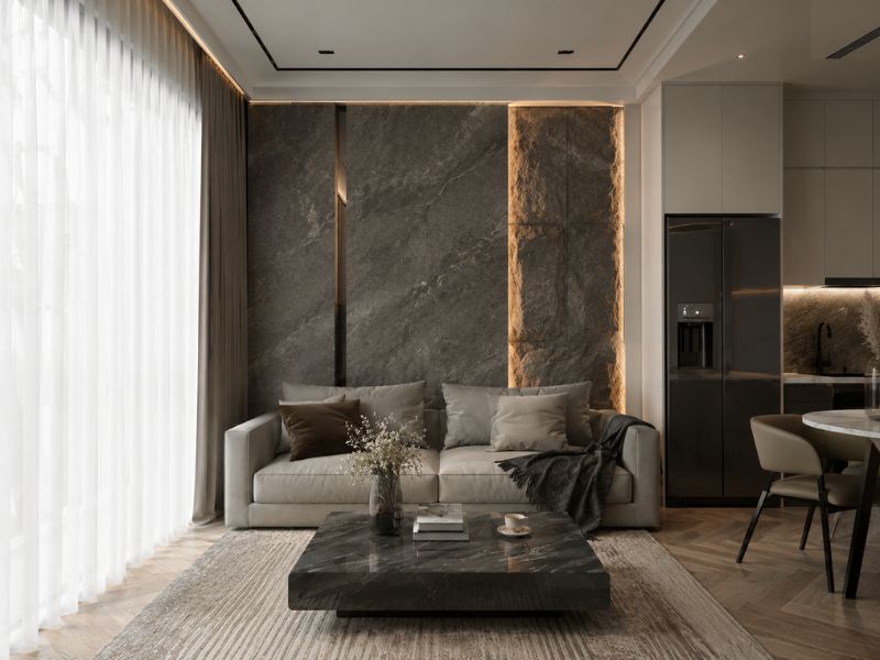 thiết kế nội thất chung cư 45m2 phòng khách liền bếp hiện đại 