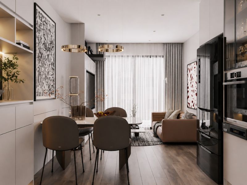 thiết kế nội thất chung cư 50m2 2 phòng ngủ phòng khách hiện đại