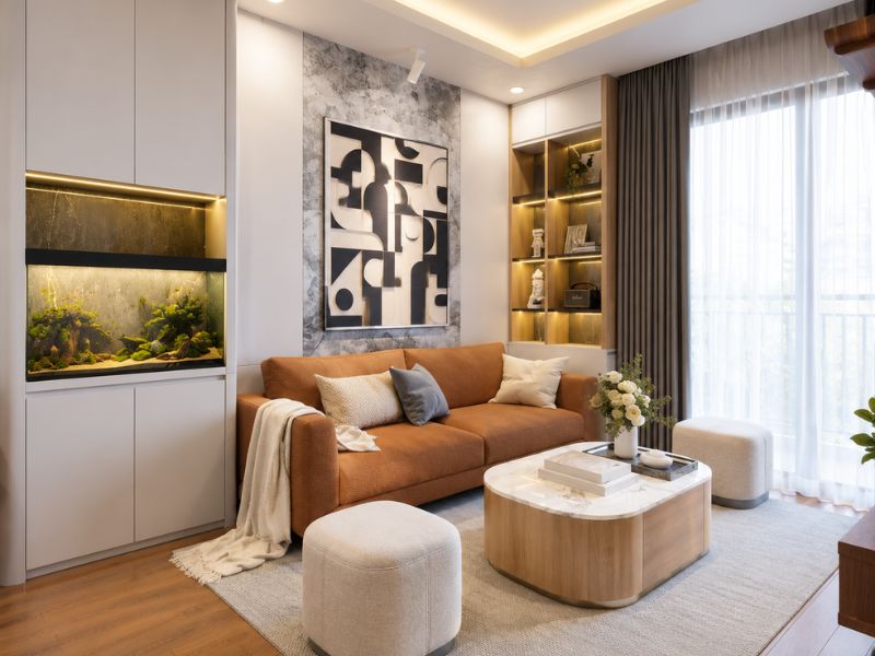 thiết kế nội thất chung cư 50m2 phòng khách hiện đại tối giản 