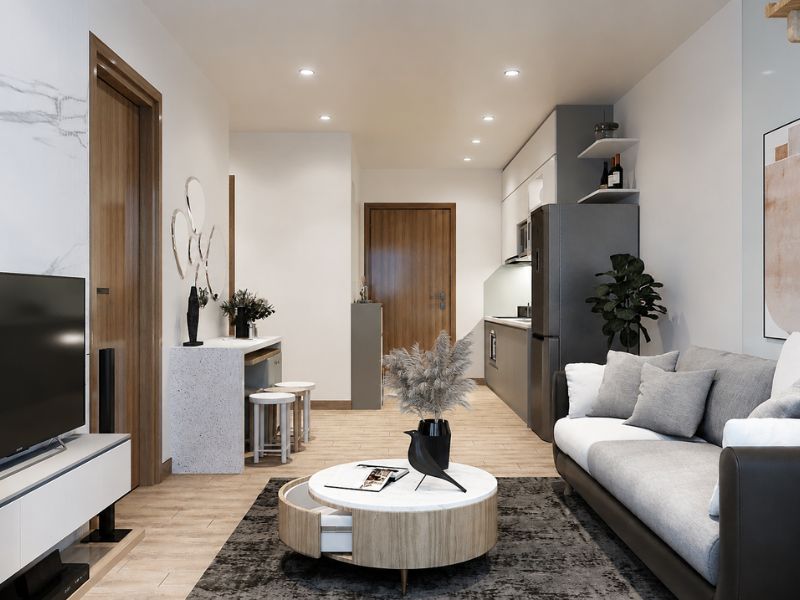thiết kế nội thất chung cư 55m2 phòng khách liền bếp hiện đại 