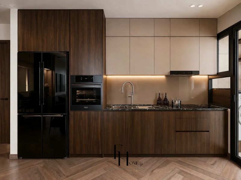 thiết kế nội thất chung cư 80m2 bếp gỗ chữ I hiện đại