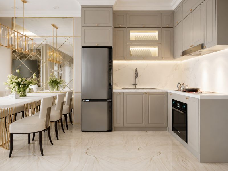 thiết kế nội thất chung cư 85m2 bếp chữ I bàn ăn hiện đại