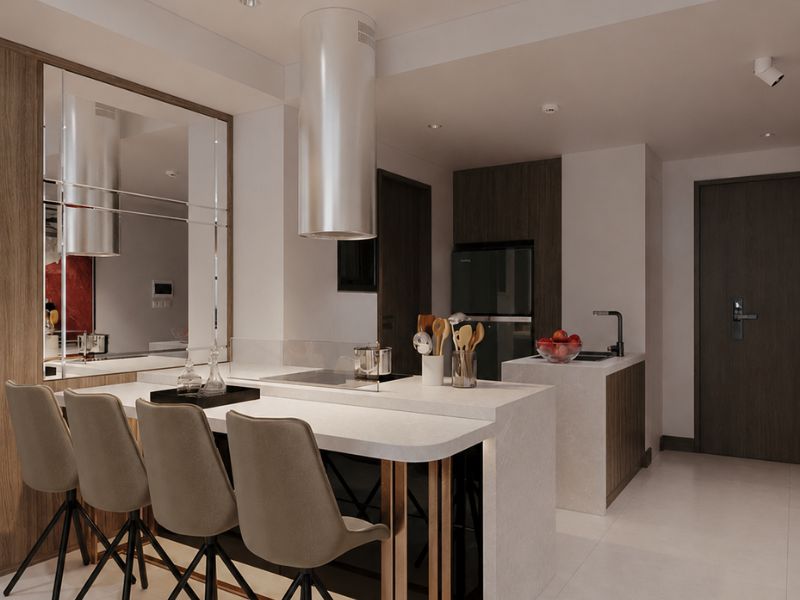 thiết kế nội thất chung cư 85m2 bếp chữ I gỗ hiện đại