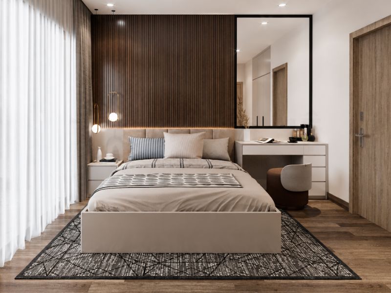 thiết kế nội thất chung cư 95m2 hiện đại phòng ngủ master ấm áp tối giản