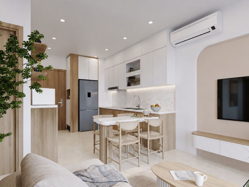 thiết kế nội thất chung cư Wabi Sabi phòng bếp gỗ mộc tối giản 