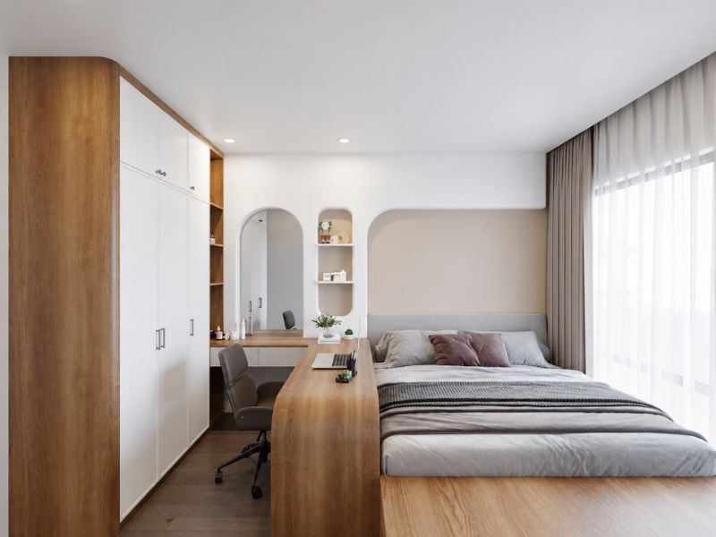 thiết kế nội thất chung cư Wabi Sabi phòng ngủ tông đất tối giản 
