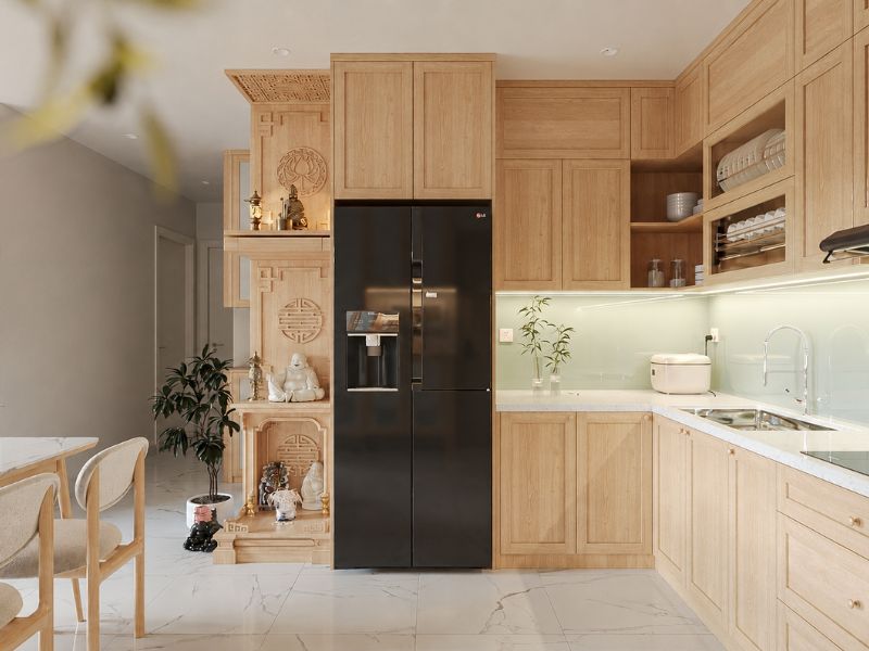 thiết kế nội thất chung cư căn hộ 75m2 bếp gỗ chữ L bàn ăn hiện đại