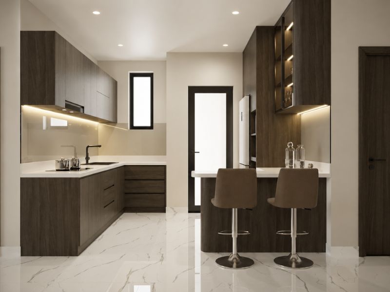 thiết kế nội thất chung cư căn hộ 80m2 bếp gỗ chữ L bàn ăn liền kề