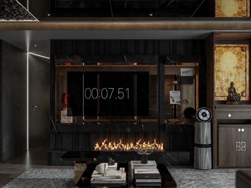 thiết kế nội thất chung cư penthouse phòng khách luxury tông tối sang trọng